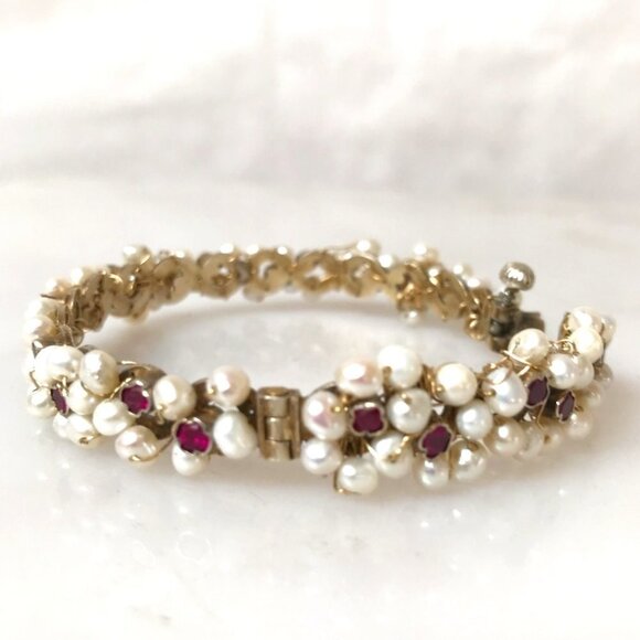 Austro Hungarian AAA Ruby Pearl Gilded Sterling Silver Bracelet Rare Antique 925 - Picture 6 of 10
